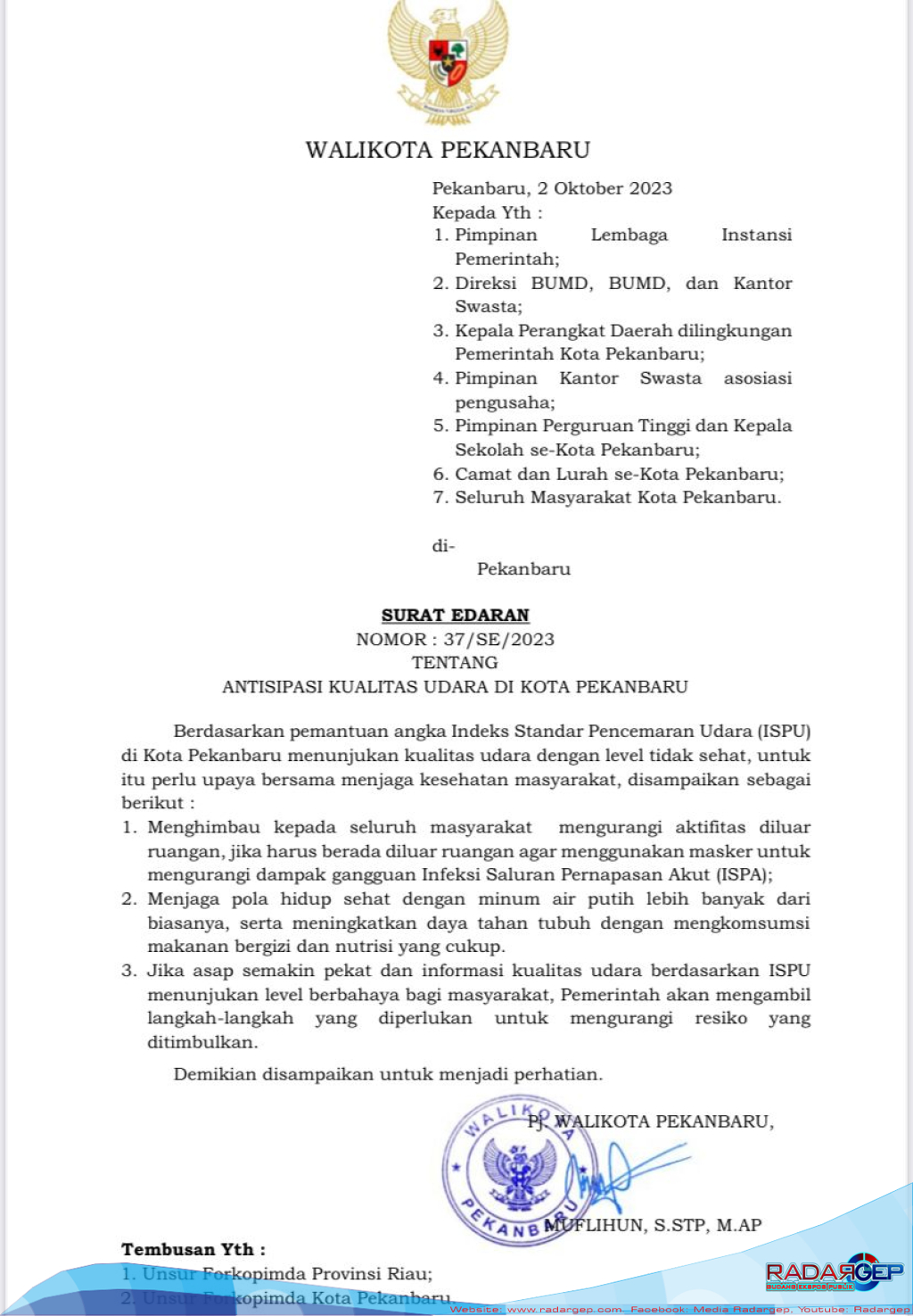 Sikapi Kabut Asap, Pj Wali Kota Pekanbaru Terbitkan Surat Edaran